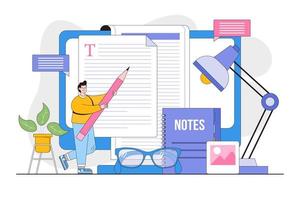 creativo escritura o blogueando, educación y contenido administración concepto con personas personaje. contorno diseño estilo mínimo vector ilustración para aterrizaje página, héroe imágenes