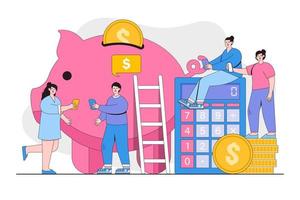 Saving money and profit concept with piggybank, gold coins, calculator and people character. Outline design style minimal vector illustration for landing page, web banner, infographics, hero images