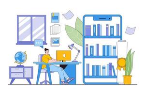 Online education, student learning at home concept. People character sitting at desk looking at computer and studying with smartphone and exercise books vector