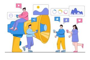 público relación, digital márketing y medios de comunicación concepto. personas utilizar grande altoparlante a comunicar con audiencia. pr agencia equipo trabajo en social medios de comunicación promoción. vector