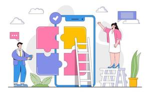 People make smartphone app with puzzle and people characters concept. Outline design style minimal vector illustration for landing page, web banner, infographics, hero images