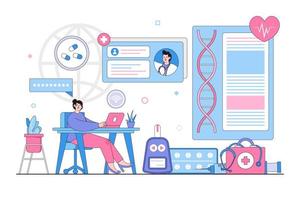 Online medical consultation concept with people characters. Outline design style minimal vector illustration for landing page, web banner, infographics, hero images