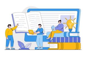 E-books library concept with people characters. Technology and literature, digital culture on media library. Outline design style minimal vector illustration for landing page, web banner, hero images