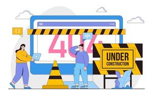Website under construction page concept with people characters. Outline design style minimal vector illustration for landing page, web banner, hero images