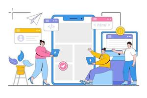 sitio web página desarrollo concepto con personas caracteres. mejoramiento, usuario experiencia. sitio web diseño elementos, foto, datos transferir vector