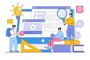 Online education concept with people characters. E-learning platform, online school advertising, learning process. Outline design style minimal vector illustration for landing page