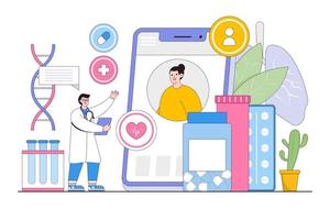 Telemedicine concept with people characters. Patient consulting doctor using online technology through smartphone app. Outline design style minimal vector illustration for landing page