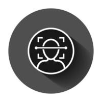 Face scan icon in flat style. Facial id vector illustration on black round background with long shadow. Identification algorithm business concept.
