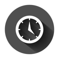 Real time icon in flat style. Clock vector illustration on black round background with long shadow. Watch business concept.