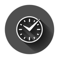 Real time icon in flat style. Clock vector illustration on black round background with long shadow. Watch business concept.