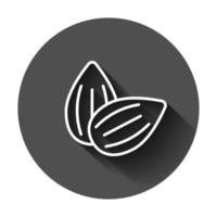 Almond icon in flat style. Bean vector illustration on black round background with long shadow. Nut business concept.
