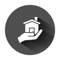 Home care icon in flat style. Hand hold house vector illustration on black round background with long shadow. Building quality business concept.