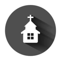 Church icon in flat style. Chapel vector illustration on black round background with long shadow. Religious building business concept.