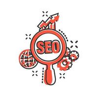 Seo analytics icon in comic style. Social media vector cartoon illustration on white isolated background. Search analysis business concept splash effect..