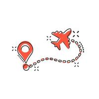 avión vuelo ruta icono en cómic estilo. viaje línea camino vector dibujos animados ilustración en blanco aislado antecedentes. guión línea rastro negocio concepto chapoteo efecto.