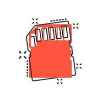 icono de tarjeta micro sd en estilo cómico. ilustración de dibujos animados de vector de chip de memoria sobre fondo blanco aislado. efecto de salpicadura de concepto de negocio de adaptador de almacenamiento.