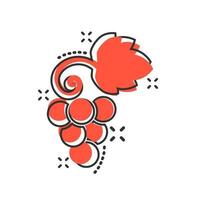 icono de signo de frutas de uva en estilo cómico. ilustración de dibujos animados de vector de vid sobre fondo blanco aislado. efecto de salpicadura de concepto de negocio de uvas de vino.