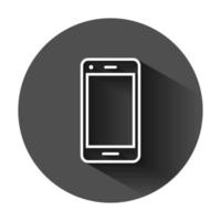 Phone device sign icon in flat style. Smartphone vector illustration on black round background with long shadow. Telephone business concept.