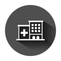 Hospital building icon in flat style. Infirmary vector illustration on black round background with long shadow. Medical ambulance business concept.