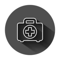 First aid kit icon in flat style. Health, help and medical diagnostics vector illustration on black round background with long shadow. Doctor bag business concept.