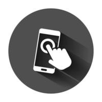 Hand touch smartphone icon in flat style. Phone finger vector illustration on black round background with long shadow. Cursor touchscreen business concept.