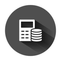 Money calculation icon in flat style. Budget banking vector illustration on black round background with long shadow. Financial payment business concept.