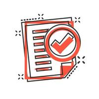 Compliance document icon in comic style. Approved process vector cartoon illustration on white isolated background. Checkmark business concept splash effect.