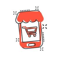 icono de compras en línea en estilo cómico. ilustración de dibujos animados de vector de tienda de smartphone sobre fondo blanco aislado. efecto de salpicadura de concepto de negocio de mercado.