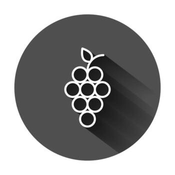 Grape fruits sign icon in flat style. Grapevine vector illustration on black round background with long shadow. Wine grapes business concept.