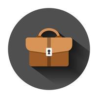 Briefcase sign icon in flat style. Suitcase vector illustration on black round background with long shadow. Baggage business concept.
