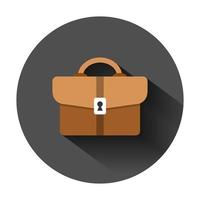 Briefcase sign icon in flat style. Suitcase vector illustration on black round background with long shadow. Baggage business concept.