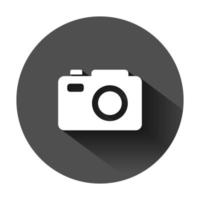 Camera device sign icon in flat style. Photography vector illustration on black round background with long shadow. Cam equipment business concept.