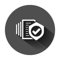 Insurance policy icon in flat style. Report vector illustration on black round background with long shadow. Document business concept.