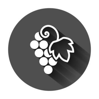 Grape fruits sign icon in flat style. Grapevine vector illustration on black round background with long shadow. Wine grapes business concept.