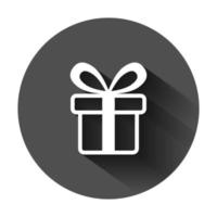 Gift box icon in flat style. Present package vector illustration on black round background with long shadow. Surprise business concept.