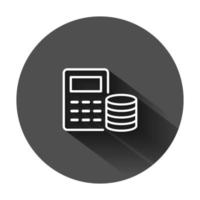Money calculation icon in flat style. Budget banking vector illustration on black round background with long shadow. Financial payment business concept.