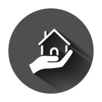 Home care icon in flat style. Hand hold house vector illustration on black round background with long shadow. Building quality business concept.