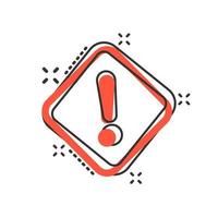 Exclamation mark icon in comic style. Danger alarm vector cartoon illustration on white isolated background. Caution risk business concept splash effect.