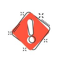 icono de signo de exclamación en estilo cómico. ilustración de dibujos animados de vector de alarma de peligro sobre fondo blanco aislado. precaución riesgo concepto de negocio efecto de salpicadura.