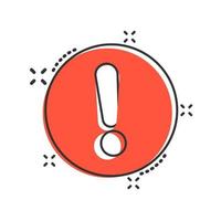 Exclamation mark icon in comic style. Danger alarm vector cartoon illustration on white isolated background. Caution risk business concept splash effect.