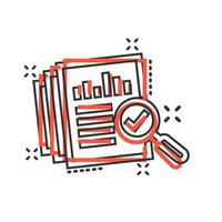 Audit document icon in comic style. Result report vector cartoon illustration on white isolated background. Verification control business concept splash effect.