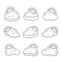 set of Sun and clouds line art drawing style, weather icons, Clouds in the sky,sun and Cloud kids drawing for nursery, Sun behind the clouds, Black and white hand drawn Vector illustration.