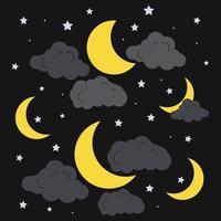 set of Black and Yellow Moon,star and clouds weather icon for mid night vector