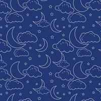 Moon,star and clouds line art drawing outline style minimalistic seamless pattern apparel print design for wrapping paper background vector