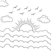 Sun and clouds line art drawing style, Clouds in the sky,sun and Cloud kids drawing for nursery, nature sun weather,clouds weather outline style landscape, Coloring Pages elements vector