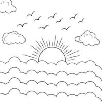 Sun and clouds line art drawing style, Clouds in the sky,sun and Cloud kids drawing for nursery, nature sun weather,clouds weather outline style landscape, Coloring Pages elements vector