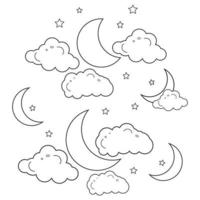 estrella Lunar y nubes línea Arte dibujo contorno estilo, niños dibujo para guardería, colorante página vector ilustración