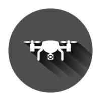 Drone quadrocopter icon in flat style. Quadcopter camera vector illustration on black round background with long shadow. Helicopter flight business concept.