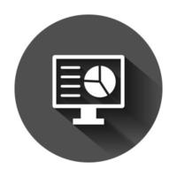 Analytic monitor icon in flat style. Diagram vector illustration on black round background with long shadow. Statistic business concept.