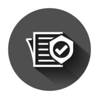 Insurance policy icon in flat style. Report vector illustration on black round background with long shadow. Document business concept.